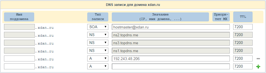 Панель редактирования DNS записей